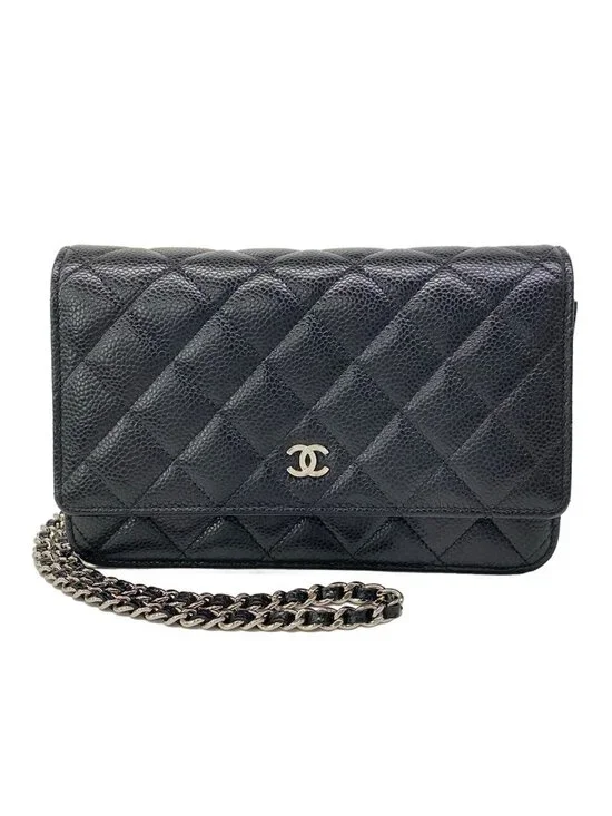 Chanel Wallet Quilted Black Chain Metal Silver Shoulder