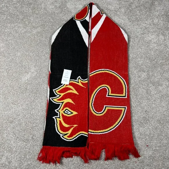 Reebok Unisex OSFM Red Black Fringe Calgary Flames Ice Hockey NHL‎ Scarf NWT
