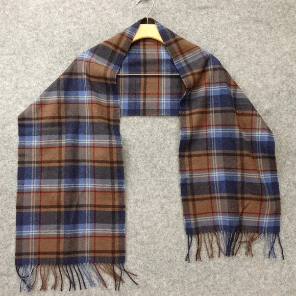 Wool Plaid Scarf Mens Navy Camel Brown Tartan Fringe Muffler Neck Wrap 11.7x58