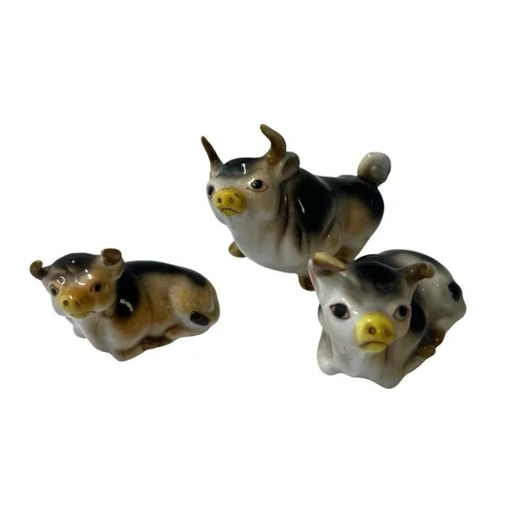 Vintage Ceramic Bull Cow Figures Set Japan Shelf Sitters Kitchen How Decor
