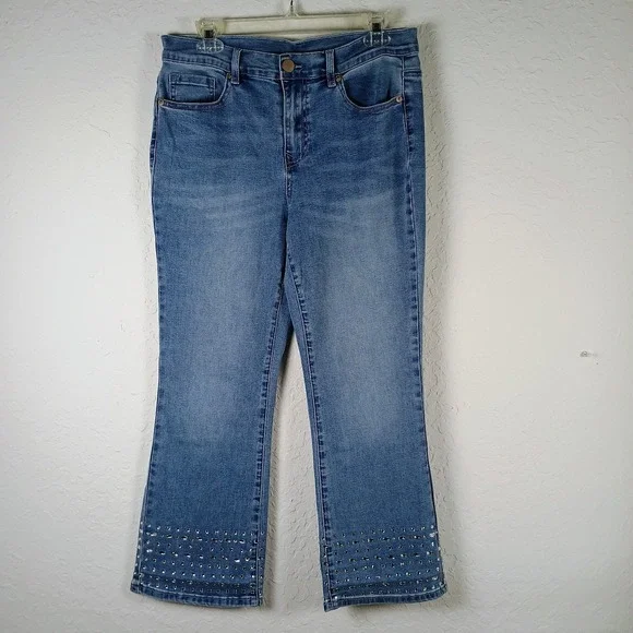 DG2 Diane Gilman Cassie Stretch Jeans Womens 12 Bootcut Studded Hem Bling