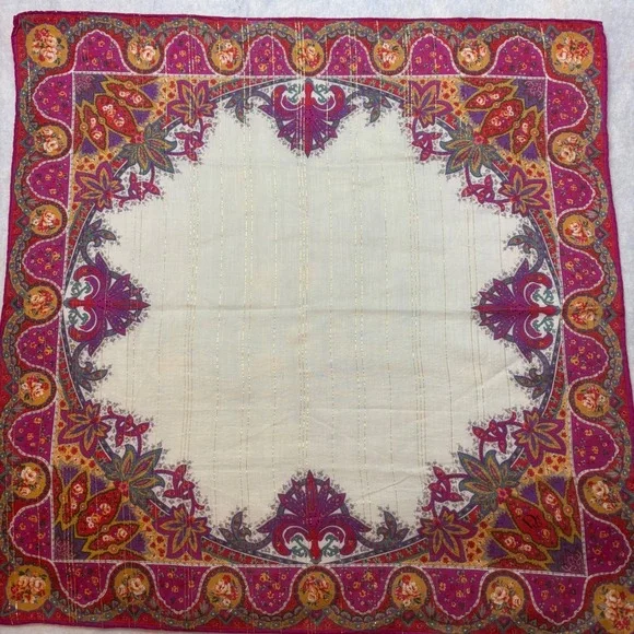 VTG DIOR Scarf Handkerchief Floral Paisley Metallic Stripe Cotton Pink Cream 20