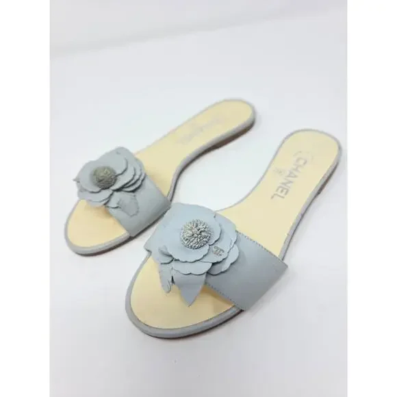 Chanel Camellia Flower CC Logo Sandals Blue Gray Day Leather Slides 36 US 5.5