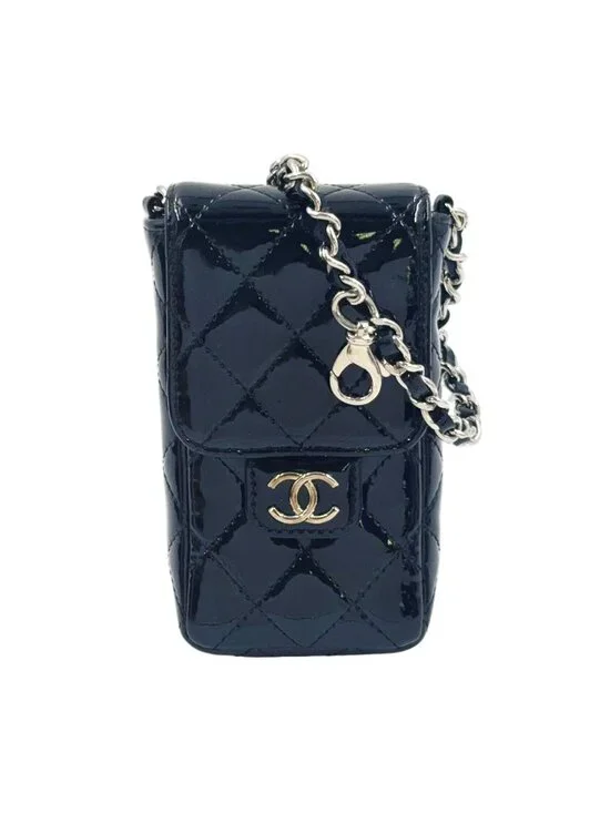 Chanel Quilted CC Logo Enamel Leather Black Pouch Silver