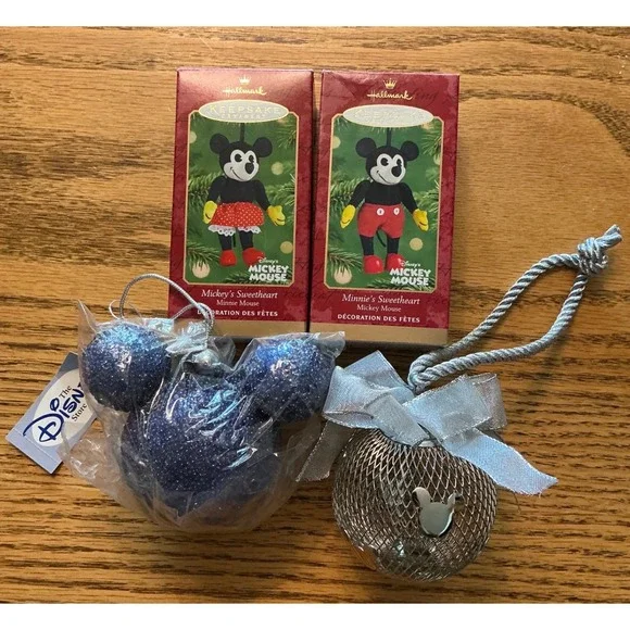 Disney Hallmark Keepsake Mickey Minnie Mouse 2001 Ornaments Blue Glitter Bundle