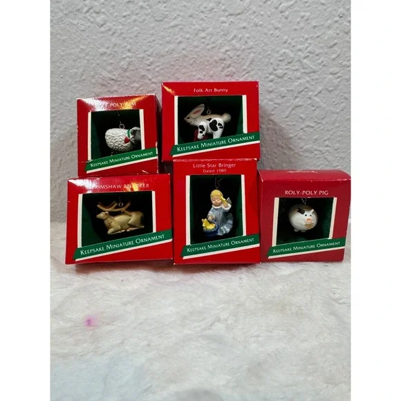 Lot of 5 Vintage 1989 Hallmark Keepsake Miniature Ornaments Angel Bunny Reindeer
