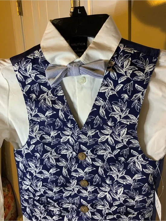 Nautica Boys Navy Floral Vest with Light Gray Bow Tie