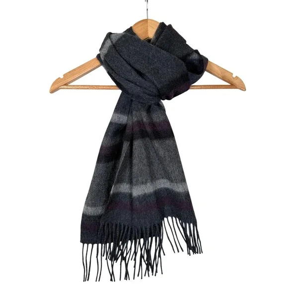Nordstrom Lambswool Scarf Mens Gray Purple Striped Fringe Winter 78