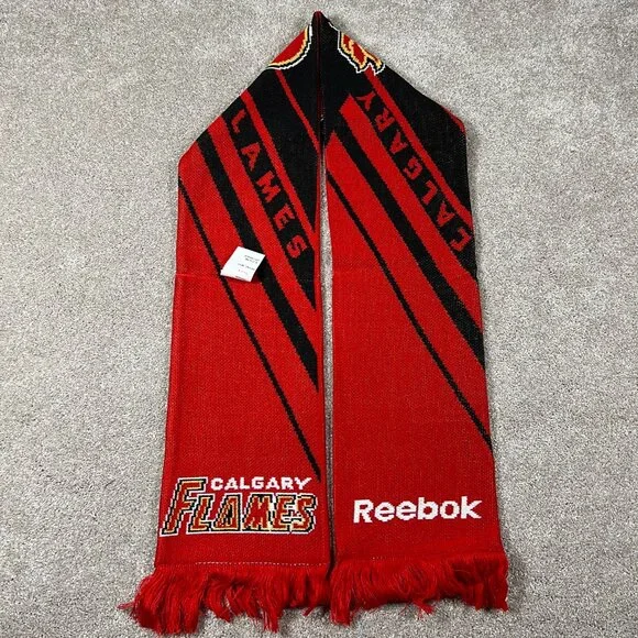 Reebok Unisex OSFA Red Black Winter Fringe Calgary Flames‎ Ice Hockey Scarf NWT