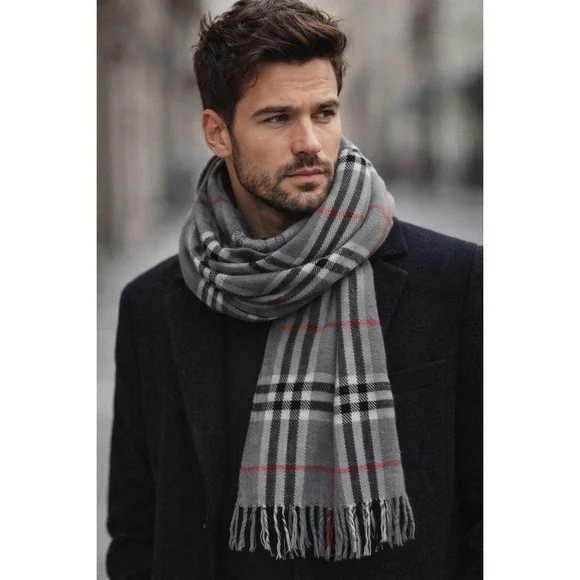 Gray Plaid Fringe Unisex Scarf‎ Winter Wrap Classic Preppy Heritage Cozy 66x12