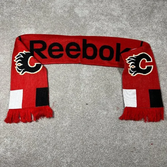 Reebok Unisex OSFM Red Black Winter Fringe Calgary Flames Ice Hockey Scarf NWT‎