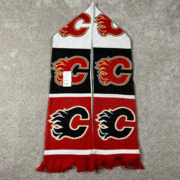 Reebok Unisex OSFM‎ Red White Fringe Calgary Flames Ice Hockey NHL Scarf NWT