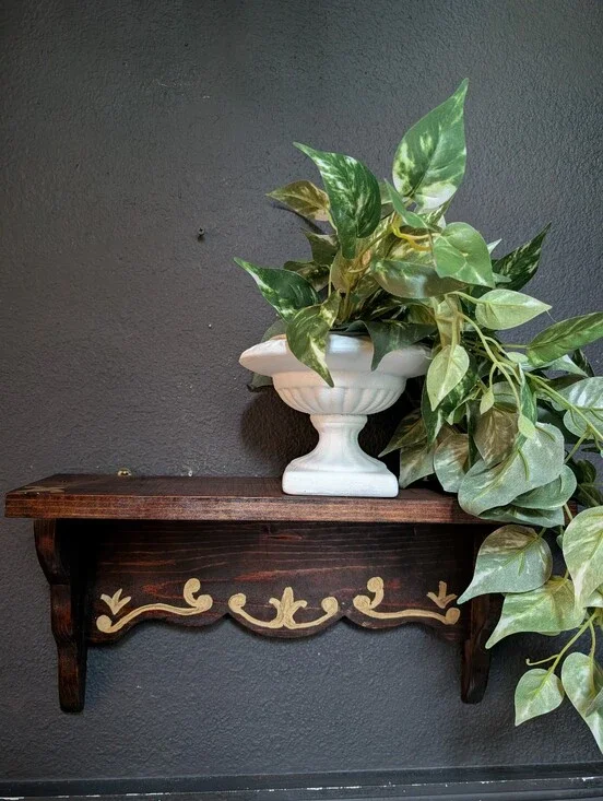 Vintage Dark Walnut Wood Scroll Wall Hanging Shelf 18