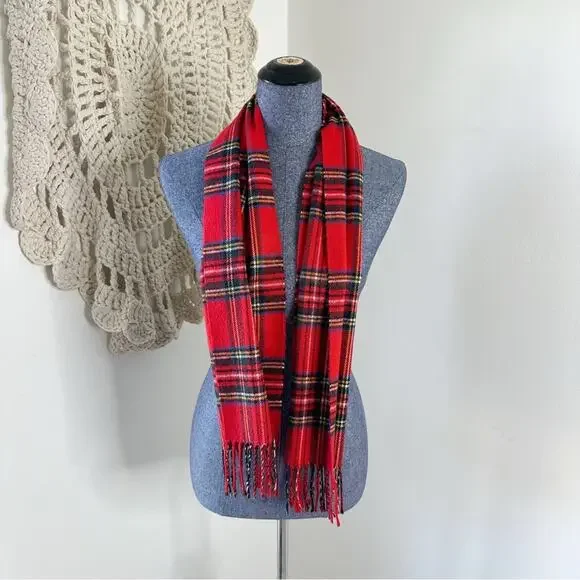 Dior Cashmaire Acrylic Tartan Plaid Red Fringe Scarf