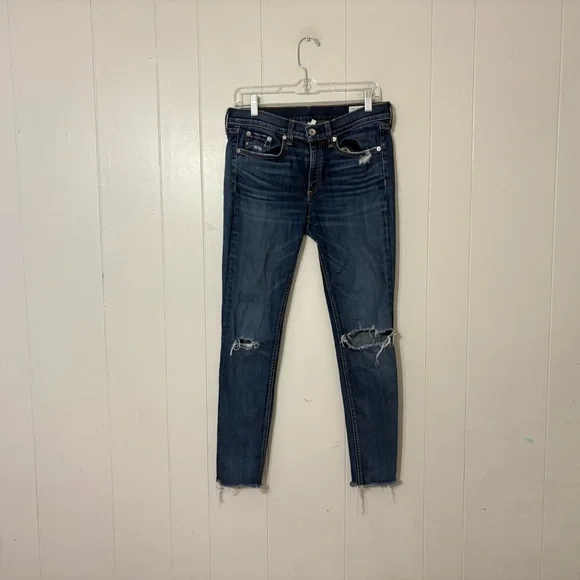 rag & bone Ankle Skinny Jeans 28 Blue Distressed Knee Raw Hem Stretch Denim