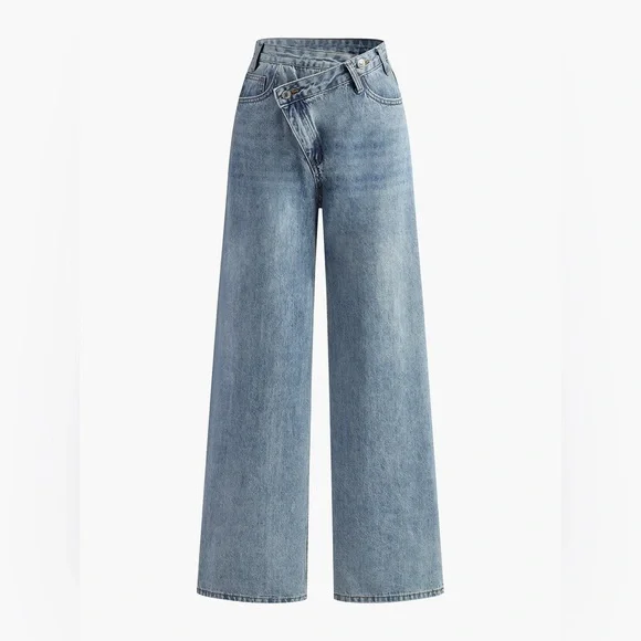 Commence Asymmetric Waist Wide-Leg Jeans Light Wash Size Medium