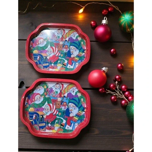 Lot Of 2 Christmas Snack‎ Trays by Hartin Tin Metal Gnomes Toy Factory VTG SZ S