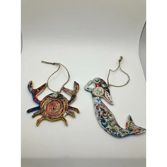 Crab & Mermaid Quilling Fiber Art Christmas Hanging Ornament Beach House Decor