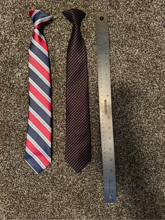 2 Clip On Ties - Never Worn- Classic Red & Navy Striped / Red & Black Patterned