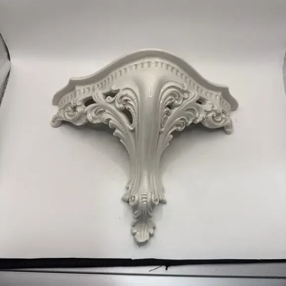 White Porcelain Wall Shelf With Detailed Baroque Style Corbels & Rope Border