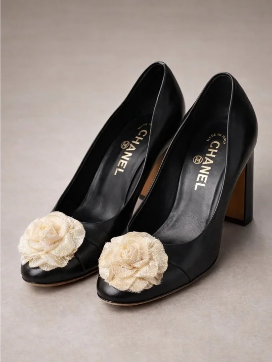 CHANEL Black Leather Patent Pumps with Cream Camellia Accent CC Logo Size 36C