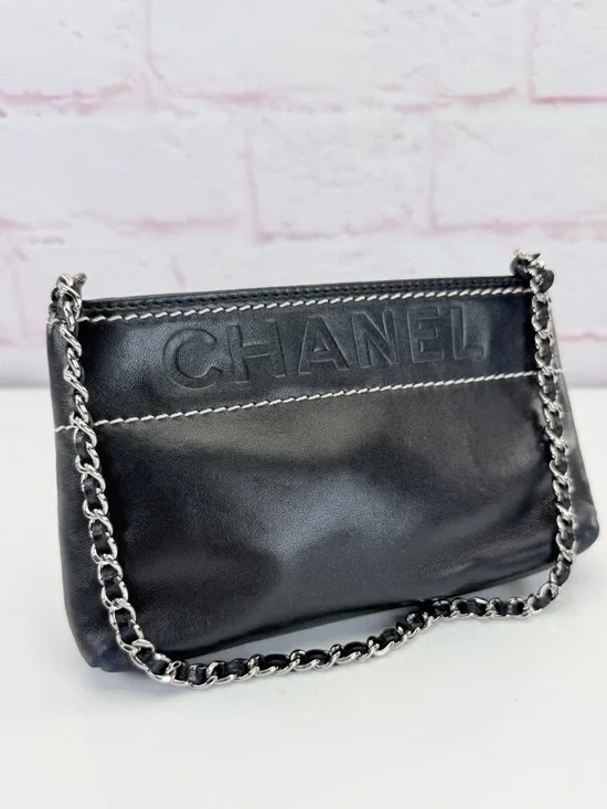 CHANEL LAX Black Leather Chain Shoulder Bag Pochette Embossed Logo