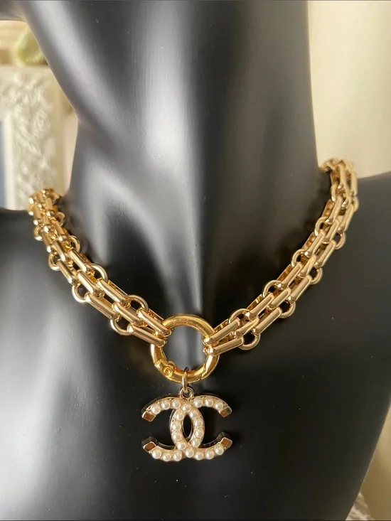 CHANEL Gold and Pearl CC Charm And Double Chain Necklace