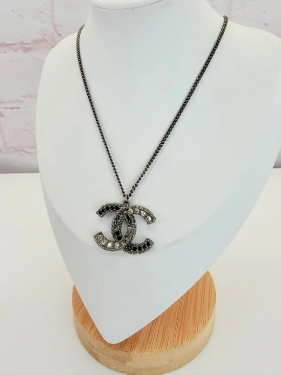 Chanel Black Crystal Interlocking Logo CC Pendant Necklace