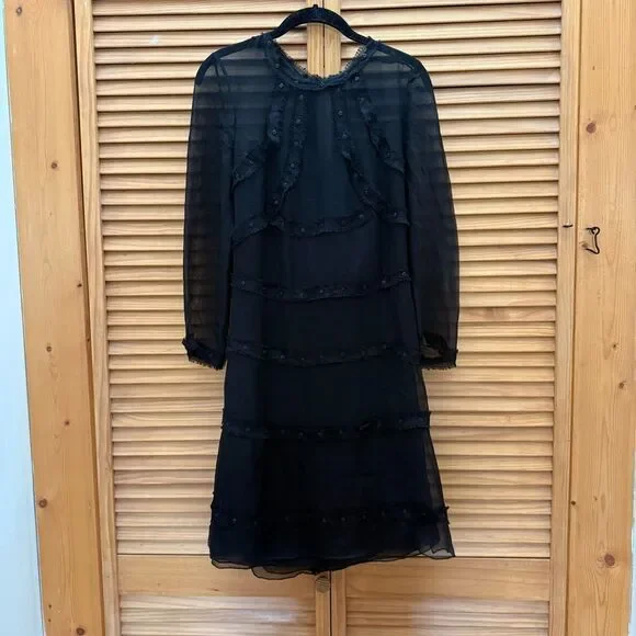 CHANEL Black sheer Silk Long Sleeve Dress