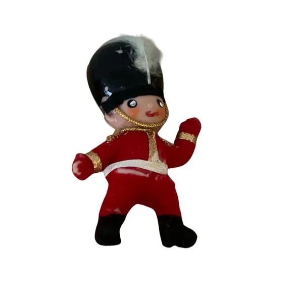 Vtg British Royal Guard Soldier Toy Soldier Doll Ornament Flocked Plastic 4 Inch
