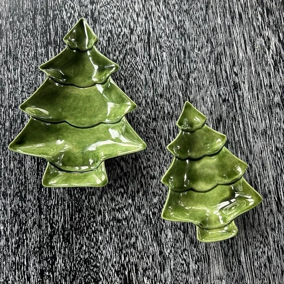 Vintage Stacking Ceramic Green‎ Christmas Tree Dishes Candy Set of 2 Signed