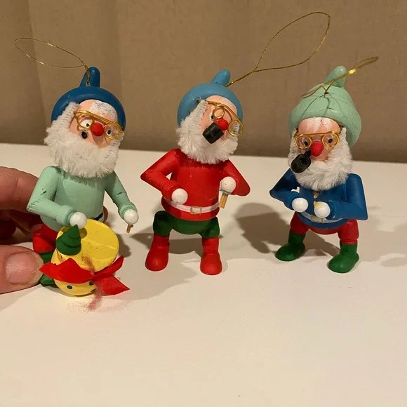 Vintage Wood Gnome‎ Ornament Set 3 Band Musical Instruments Christmas Decor