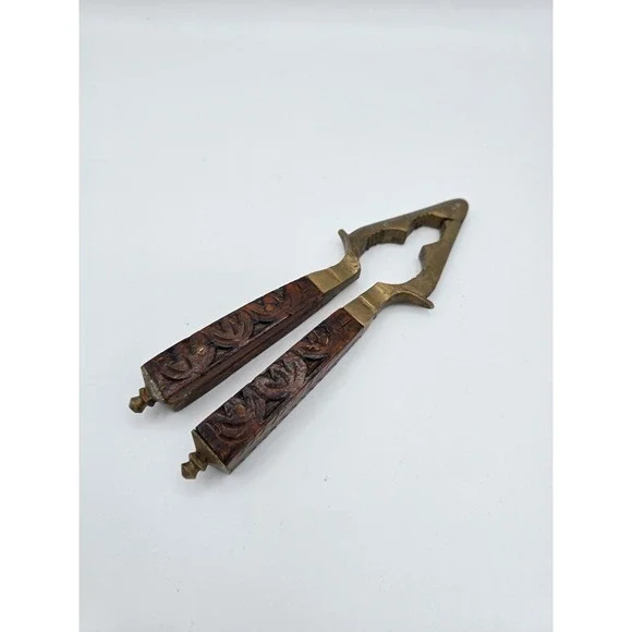 Vintage Wooden and Brass‎ Nutcracker with Hand-Carved Floral Design