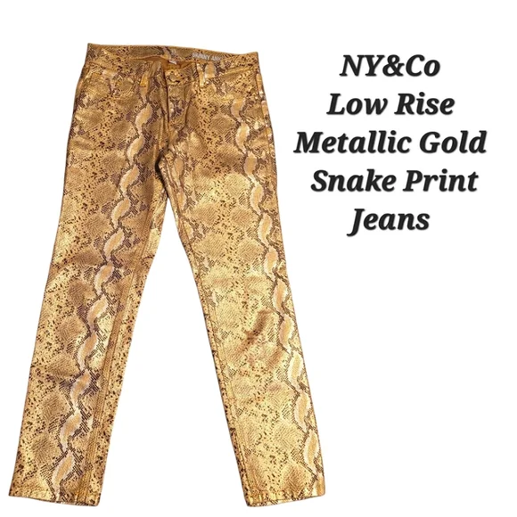 NY&Co Low Rise Metallic Gold Snake Print Ankle Length Jeans Size 2 | Gold Jeans