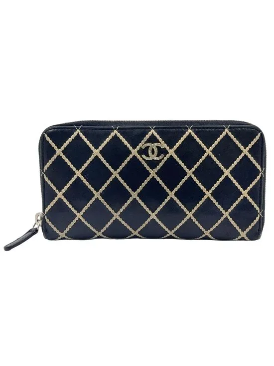 Chanel Wild Stitch Zip Around Lambskin Black Wallet Silver