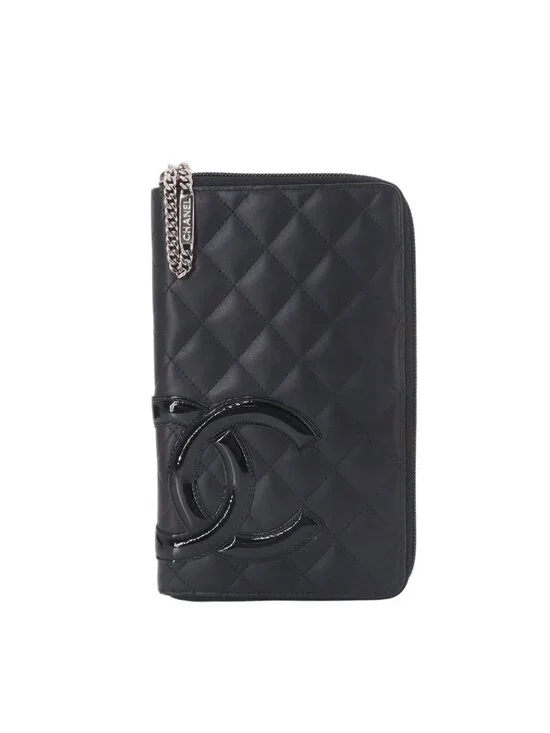 Chanel Cambon Line Zip Around Wallet Calfskin Enamel Black