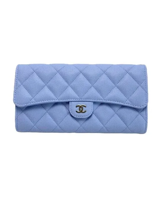 Chanel Wallet Long Flap Quilted Caviar Leather Blue Silver