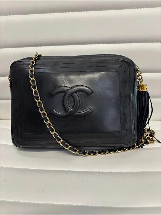 CHANEL Black Lambskin Crossbody Camera Bag with Gold Chain