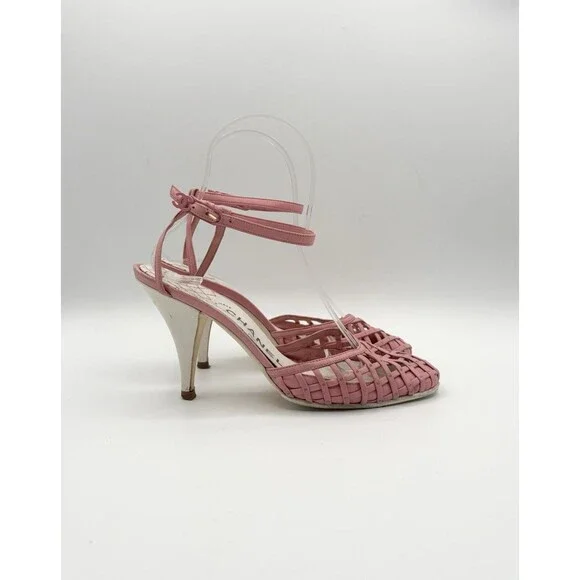 Chanel Pink Basketweave Leather CC Logo Ankle Strap Heels D'Orsay Sz EU 35.5