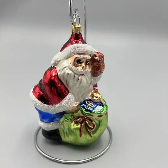 Christopher Radko Bundle Of Toys Christmas‎ Ornament Santa Glass Green Bag 5.5”
