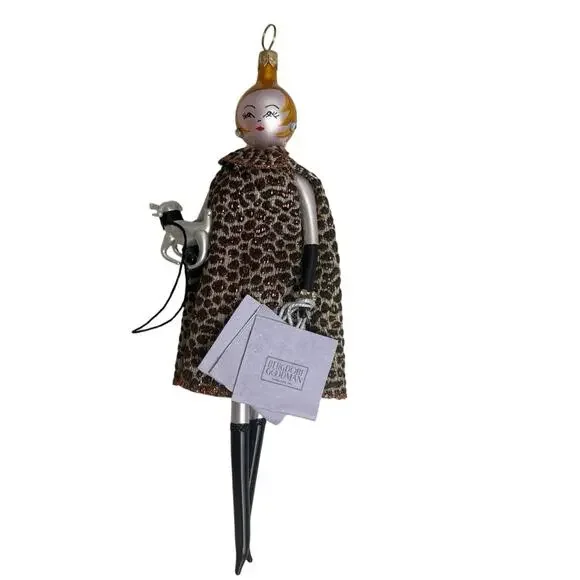 De Carlini Bergdorf Goodman Glass Ornament Leopard Coat Lady Dog Italy w/ BG Box