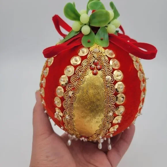 Elegant Vintage Red and Gold Pusg Pin Beaded Sequin MCM Extra Large Ornament