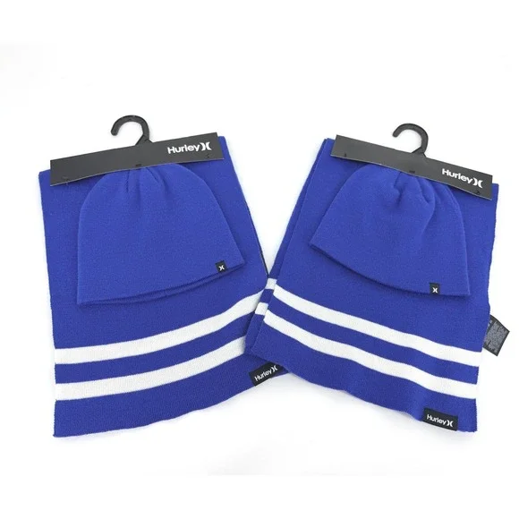 Hurley New Yorker Beanie and Scarf Set Royal Blue White‎ Stripe NWT