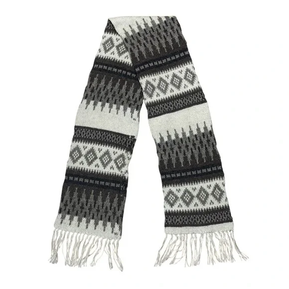 Broner Wool Blend Double Knit Scarf 58x8 Fair Isle Fringe Cozy USA Made