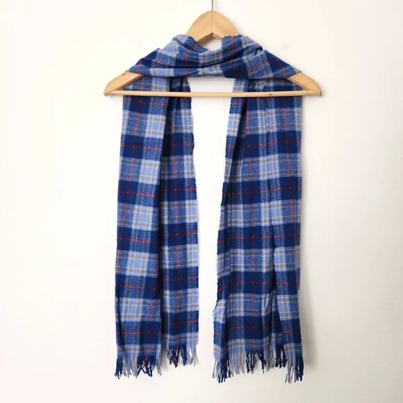 Vtg 90s Tartan Plaid Scarf Blue Red Yellow Fringe 12 x 60 Rectangle Cozy‎ Winter