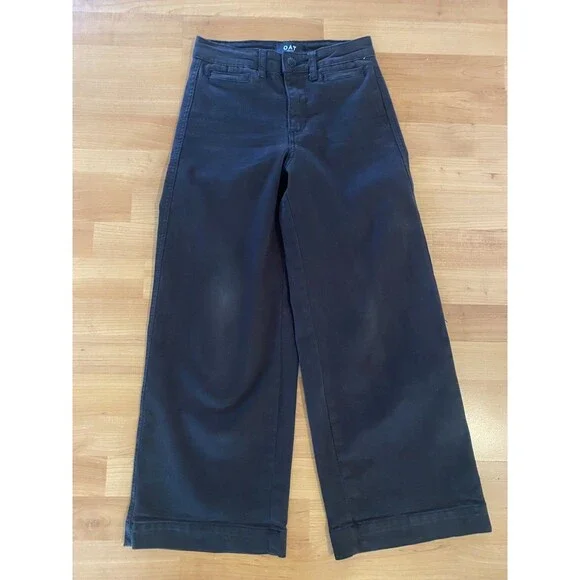 OAT New‎ York High Rise Wide Leg Crop Jeans Womens 24 Black Stretch Denim