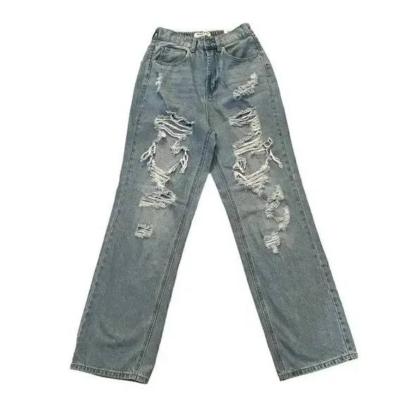Wax Jean Y2K Wide Leg  Distressed Shredded Light Blue High Waist Jeans Sz M