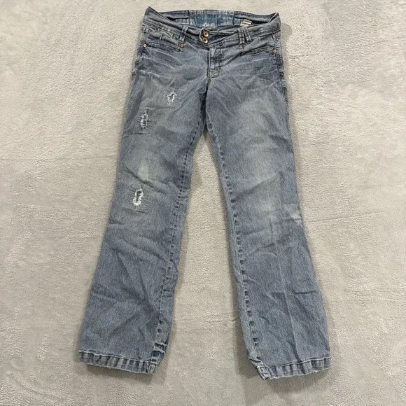 Rewind Jeans Women's 7 Bootcut Low Rise Light Blue Denim Distressed Western