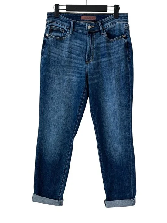 Judy Blue Boyfriend Fit Jeans Size 5/27 Stretch Cuffed Dark Wash