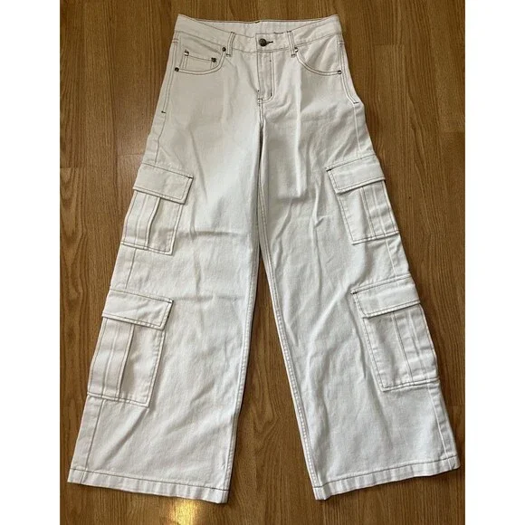 NWT Milk It Ivory Low Rise Wide Leg Patch Pocket Combat Utility Jeans Size 8